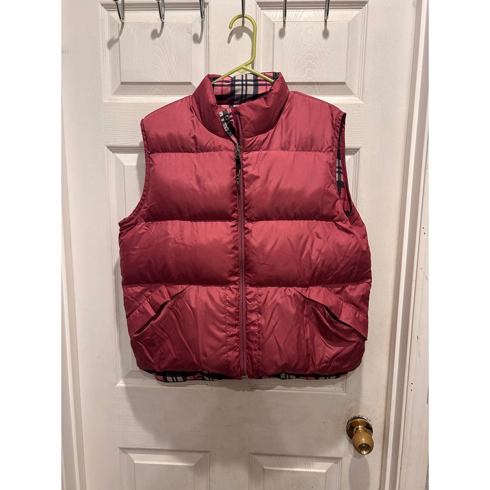 LL Bean Reversible Goose Down Puffer Vest Womens Large Rose Pink Plaid 0VC72